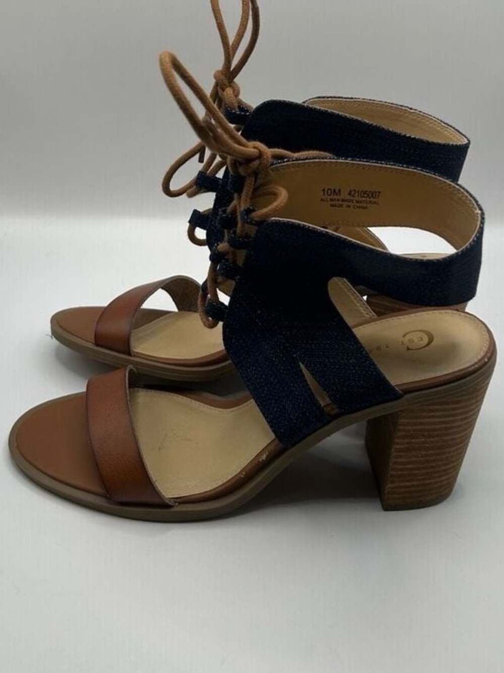 Womens Denim Lace Up Block Heel Sandals Size 10 Brown Strap Casual Summer - Picture 2 of 9